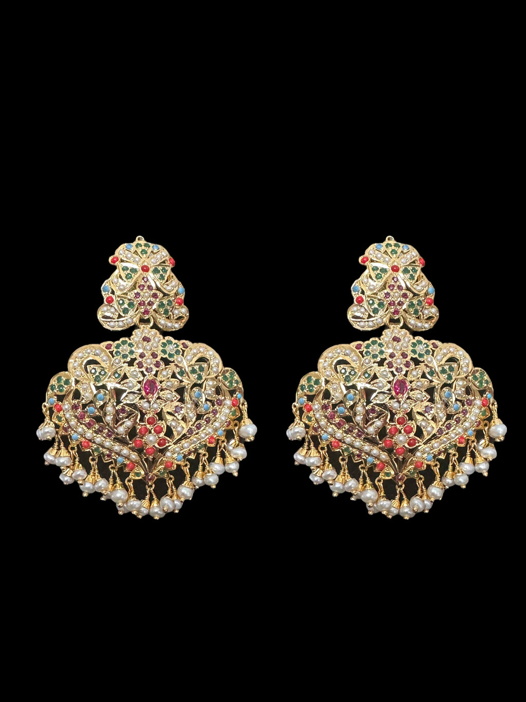 92.5 silver gold plated earrings in navratan with fresh water pearls (READY TO SHIP )