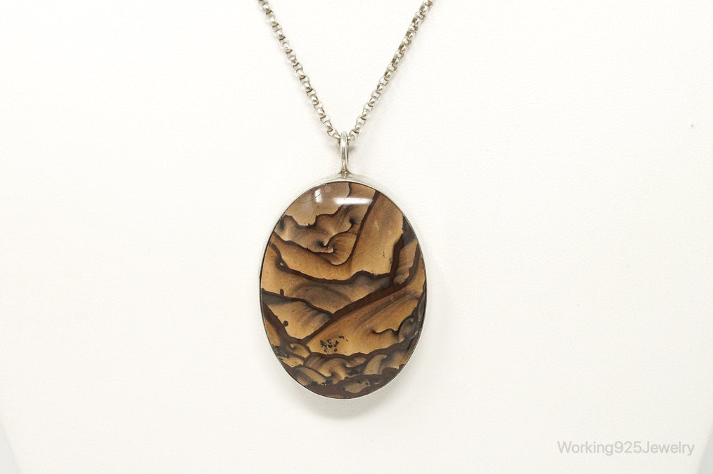 Vintage Unsigned Native American Large Picture Jasper Sterling Silver Necklace