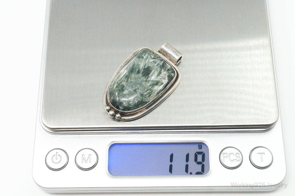 Vintage Large Green Seraphinite Sterling Silver Necklace Pendant