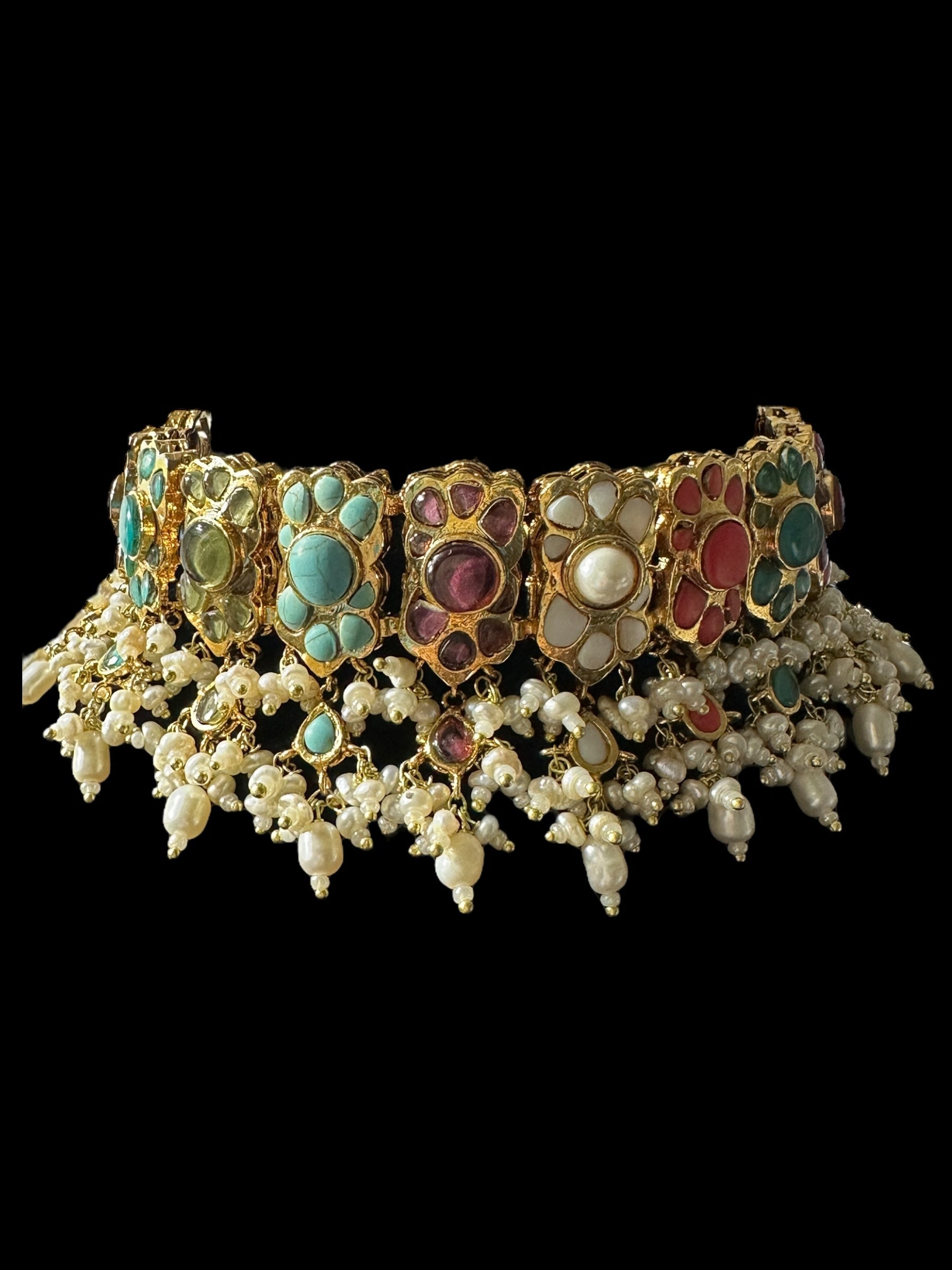 C547 Navratan bridal choker earrings set in fresh water pearls ( READY TO SHIP )