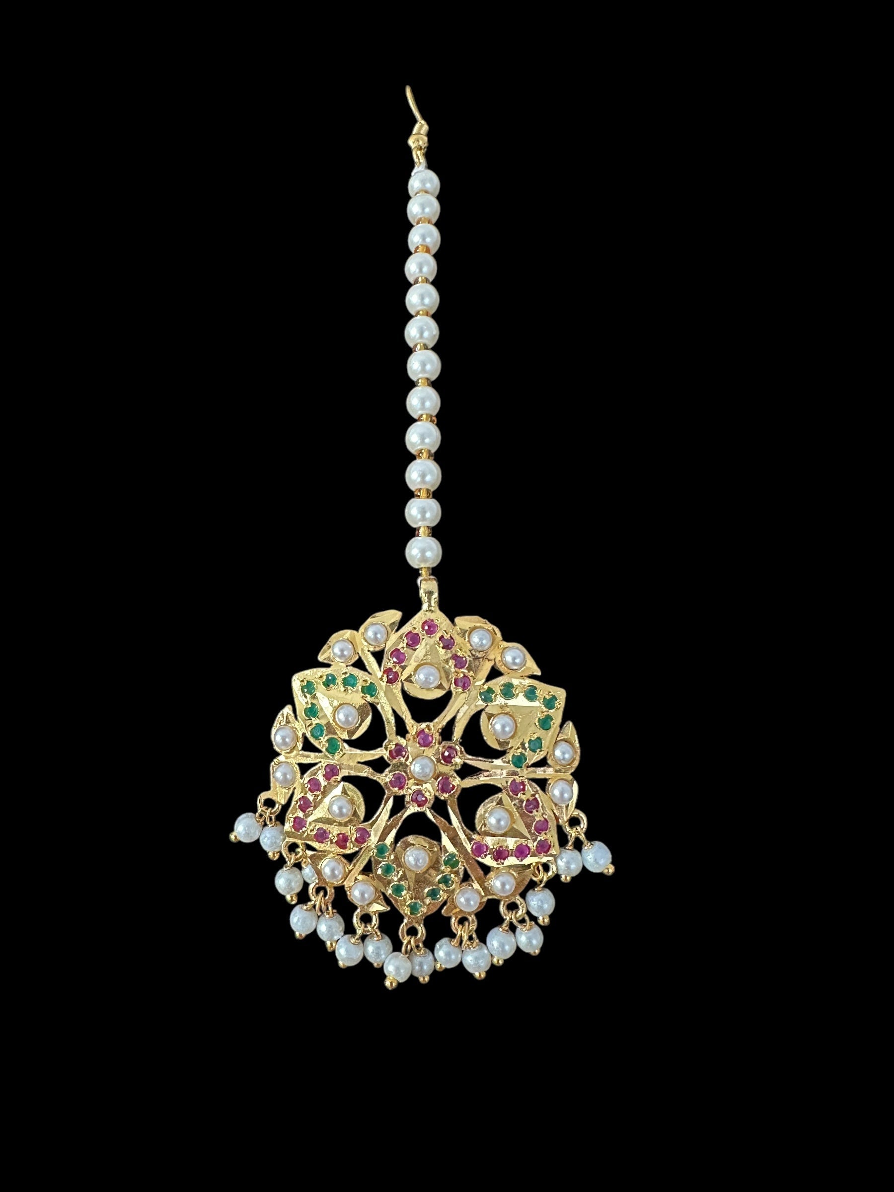 DNS190  Gold-Plated jadau ruby emerald  Hasli Necklace with earrings tika  – Handcrafted Traditional Set ( READY TO SHIP )