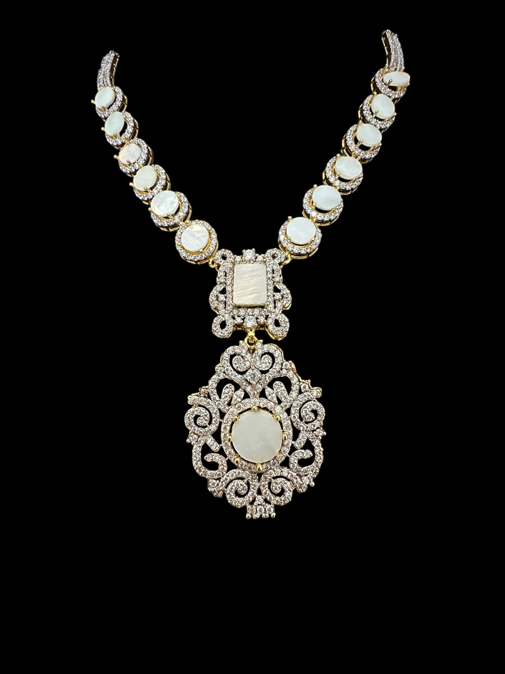 DNS117 zircon with mother of pearl necklace earrings set ( SHIPS IN 4 WEEKS  )