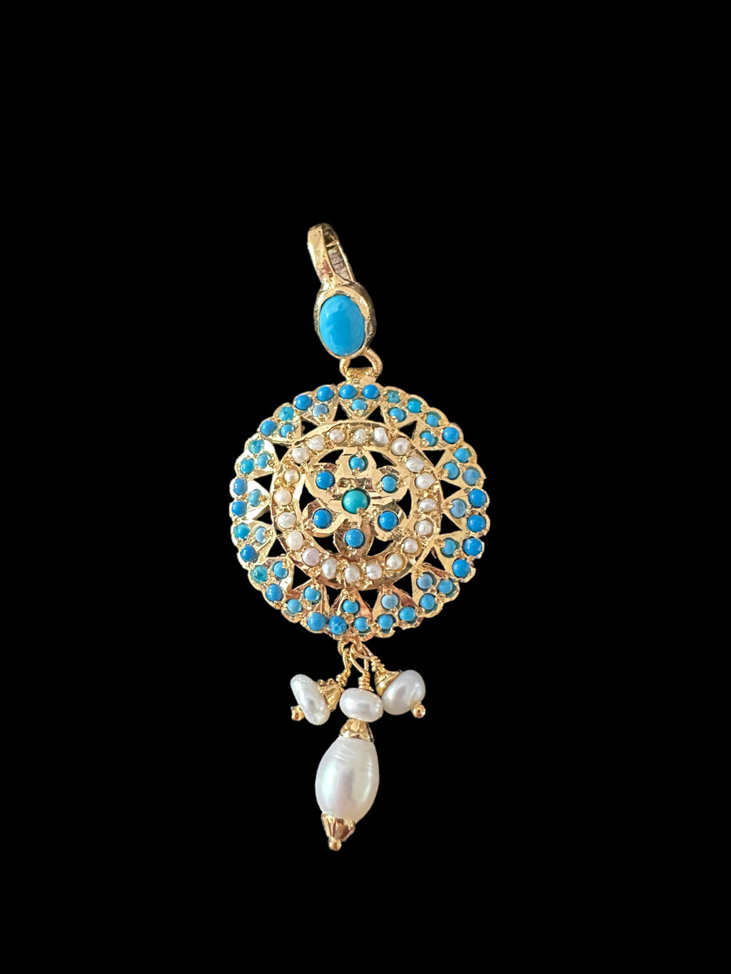 Gold plated silver pendant set in turquoise / feroza ( SHIPS IN 4 WEEKS )