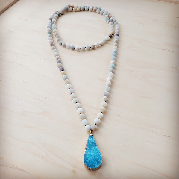 Frosted Amazonite Long Beaded Necklace with Agate Pendant 260o