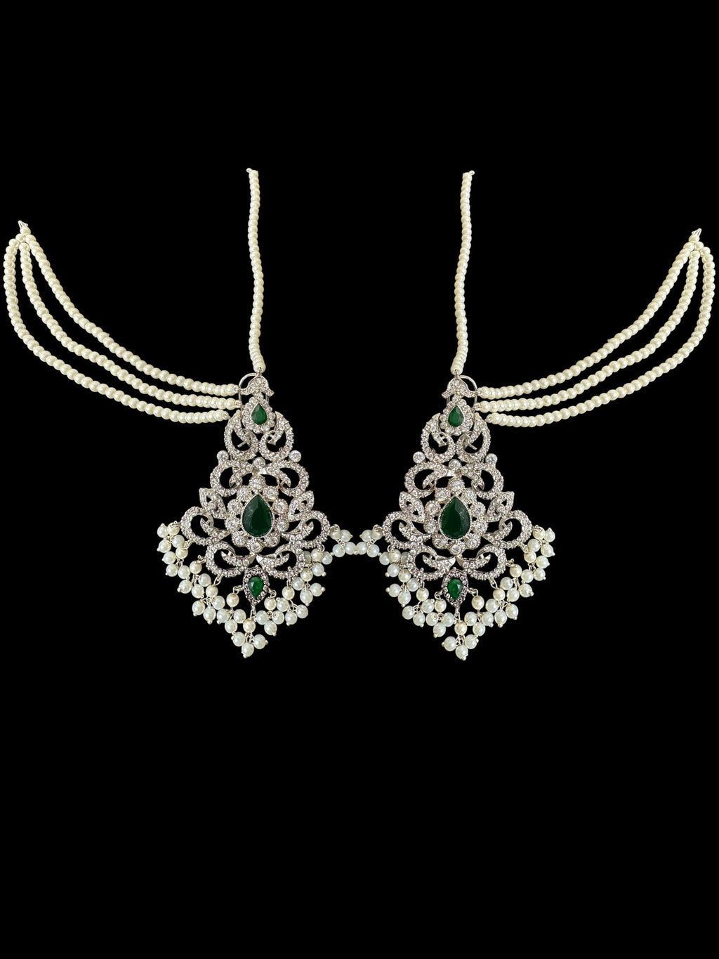 Raaga zircon earring tika set in green with silver plating ( SHIPS IN 4 WEEKS  )