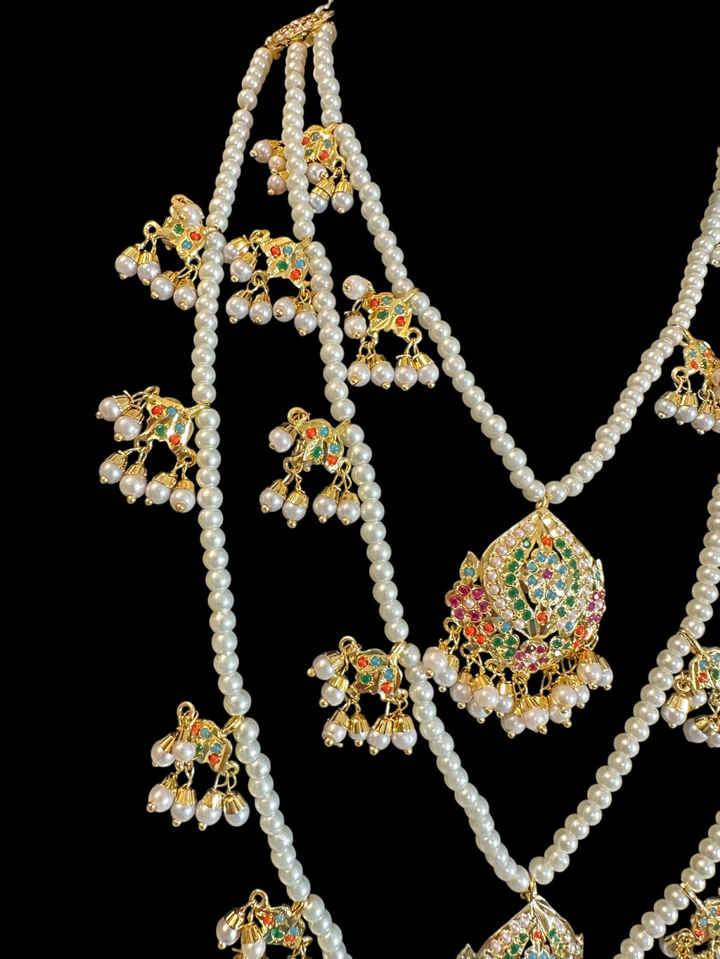 SAT112 Anya jadau 3 layered necklace / satlada in Navratan ( READY TO SHIP )