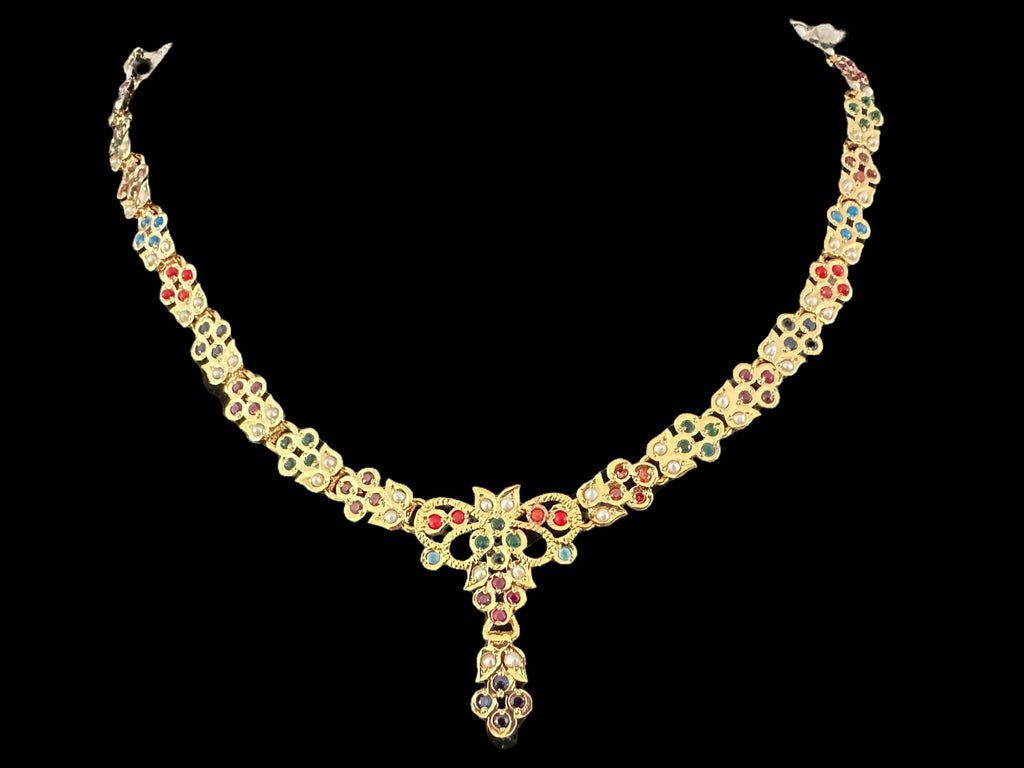Navratan necklace set in gold plated silver ( READY TO SHIP )