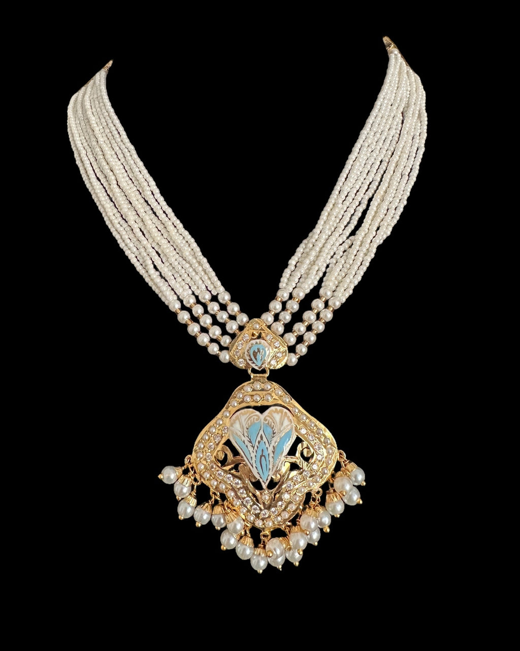 DNS191 punjabi Jadau necklace  set - mint blue&pearl    (READY TO SHIP)
