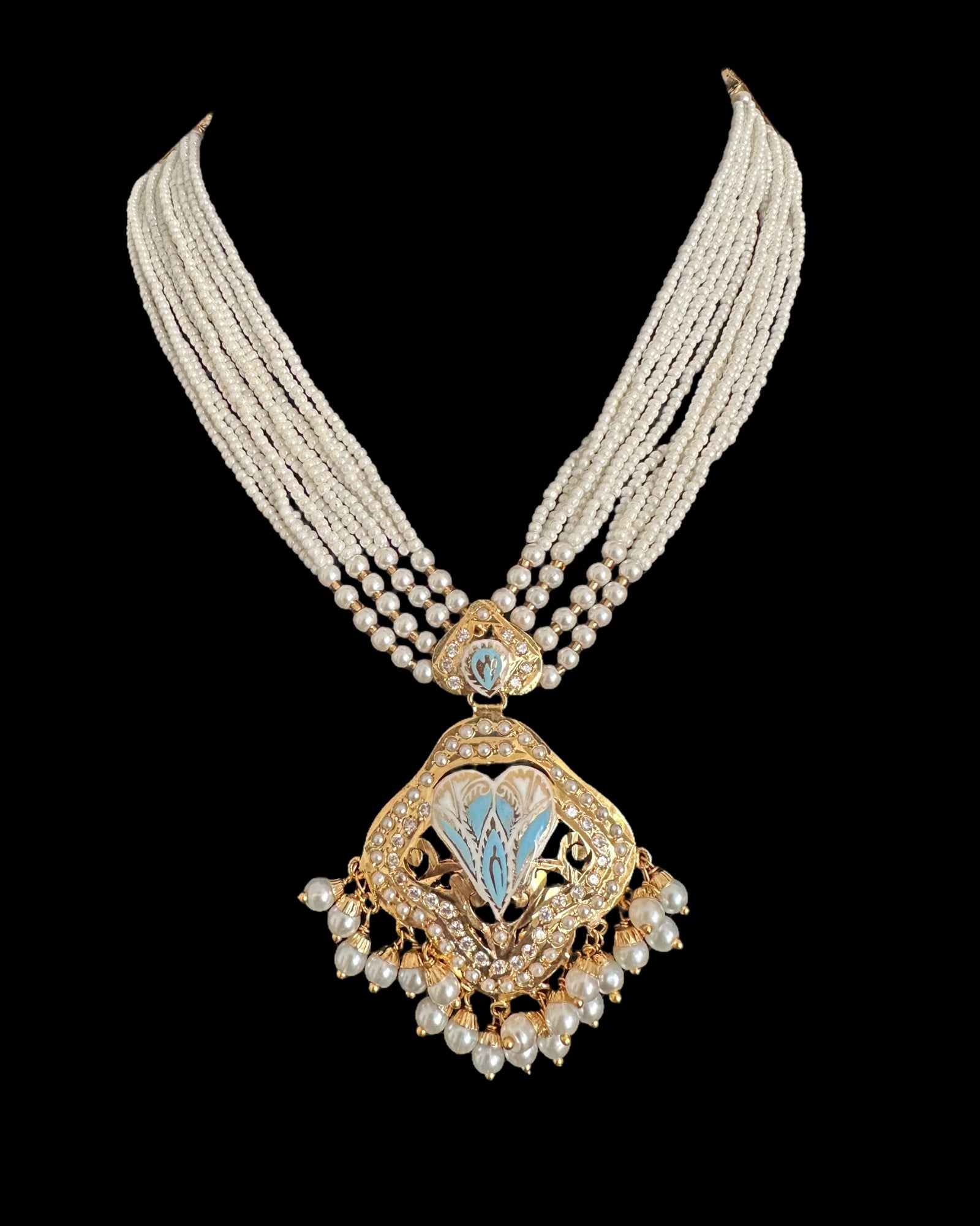 DNS191 punjabi Jadau necklace  set - mint blue&pearl    (READY TO SHIP)