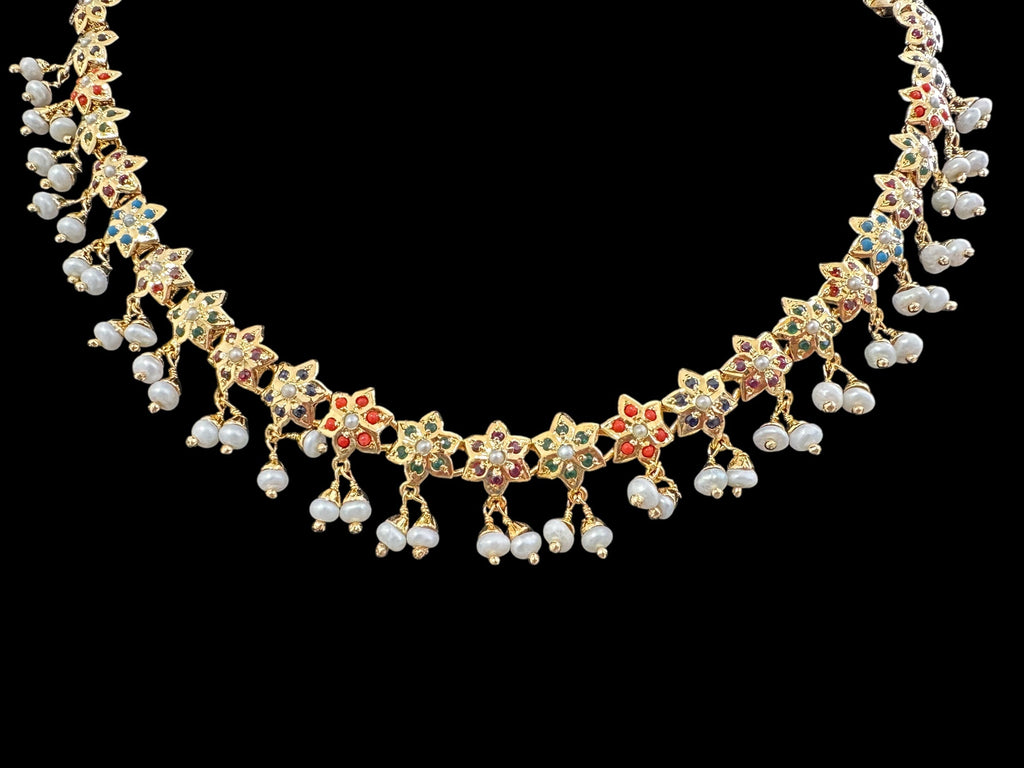 Navratan / Multicolored Jadau Necklace Set in Gold Plated Silver ( READY TO SHIP )
