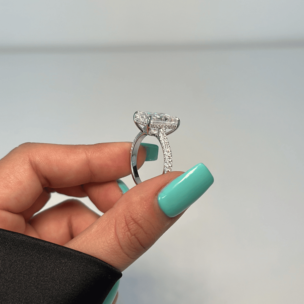 5.0ct Radiant Cut Moissanite Diamond Three Row Pavè Engagement Ring