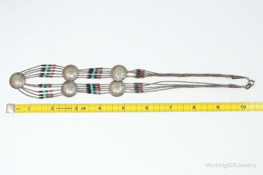 Vintage Native American Multi Gem Bead Kachina Sterling Silver Necklace
