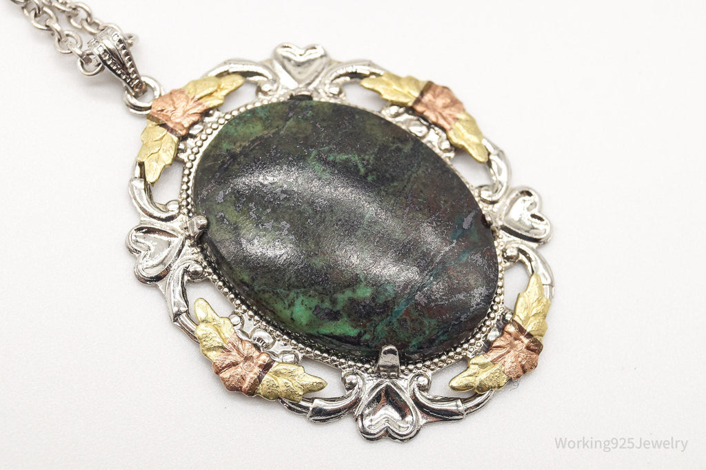 Vintage Green Stone 12K Gold Leaves Sterling Silver Necklace