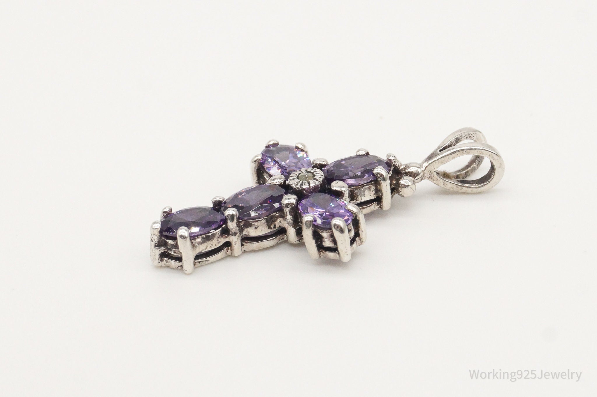 Vintage Purple Cubic Zirconia Marcasite Cross Sterling Silver Pendant