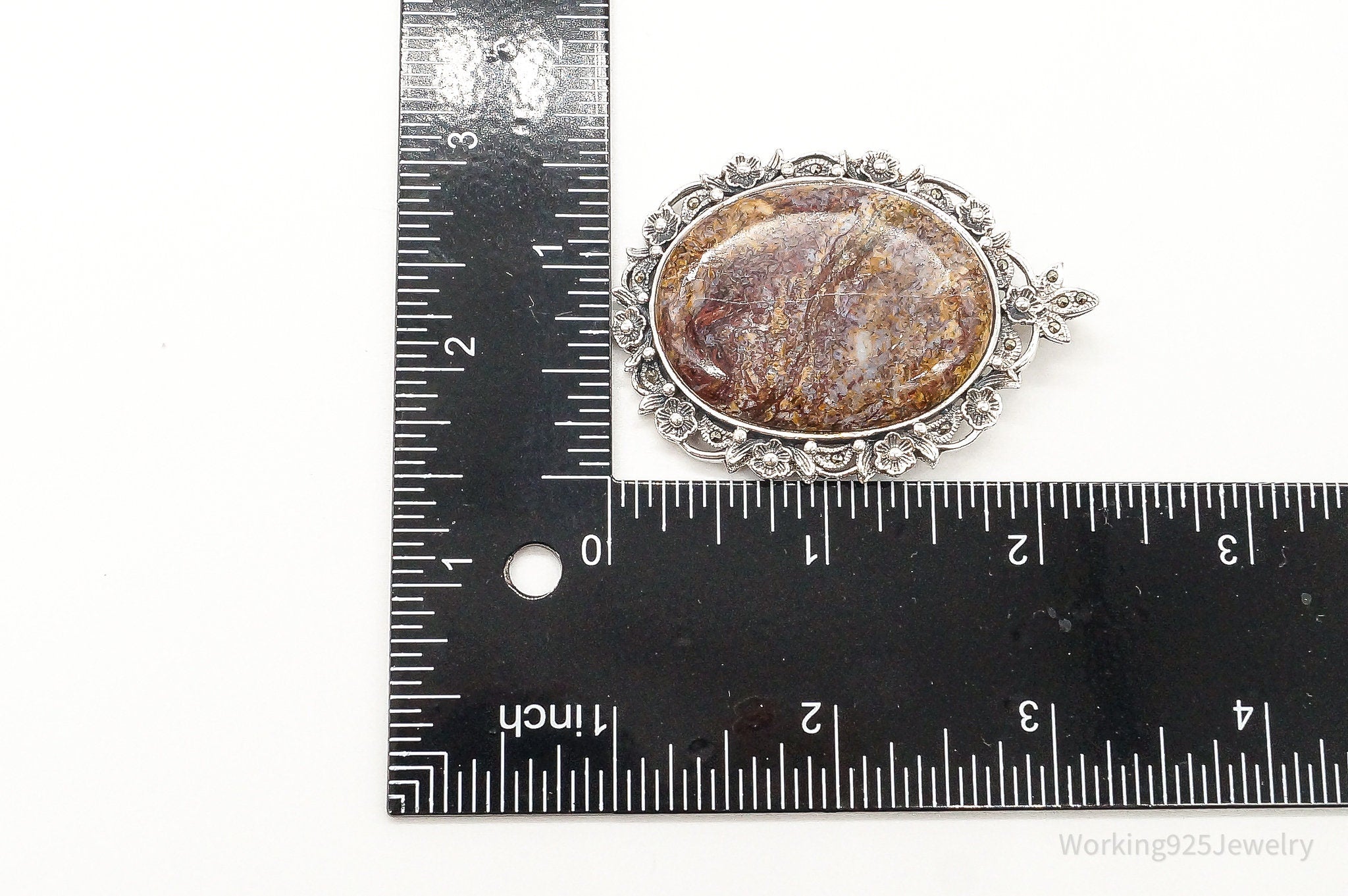 Vintage Large Designer NK Jasper Marcasite Sterling Silver Pendant