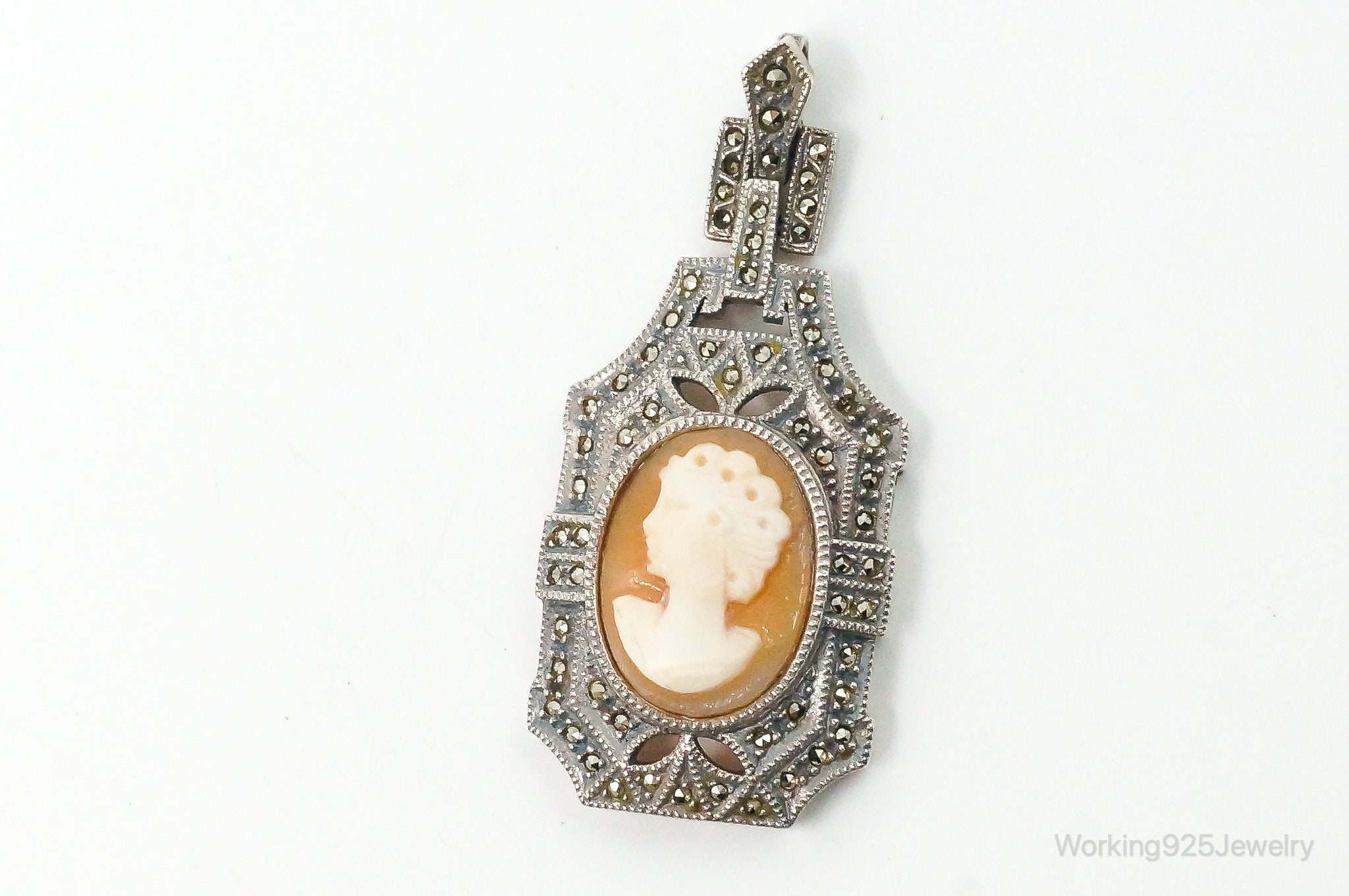 Vintage Judith Jack Carved Shell Lady Cameo Marcasite Sterling Silver Pendant