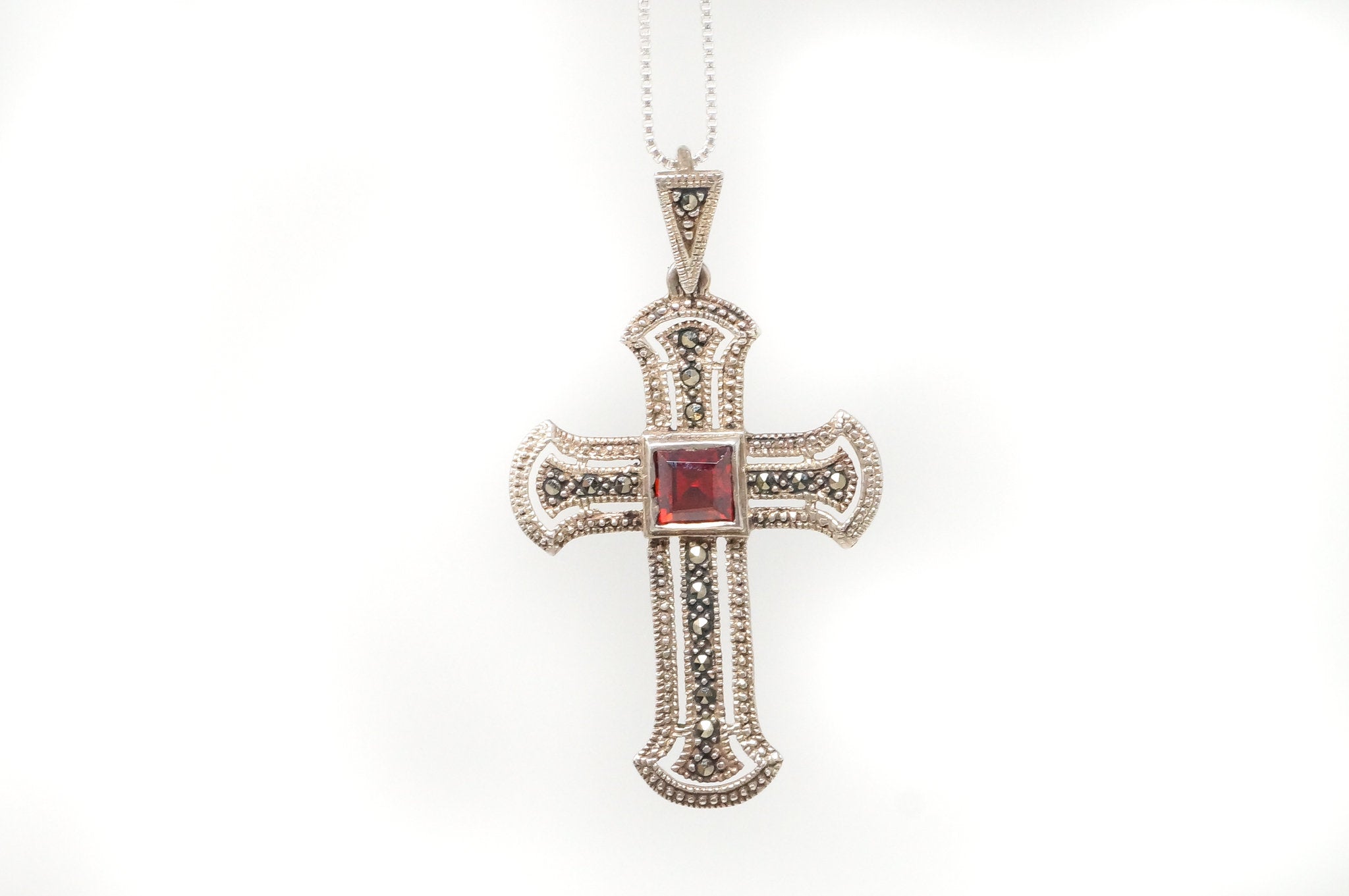 Vintage Garnet Marcasite Cross Sterling Silver Necklace Pendant