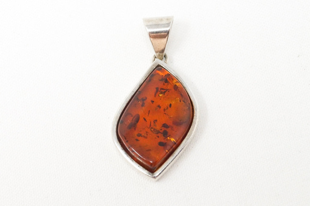 Vintage Amber Modernist Sterling Silver Necklace Pendant