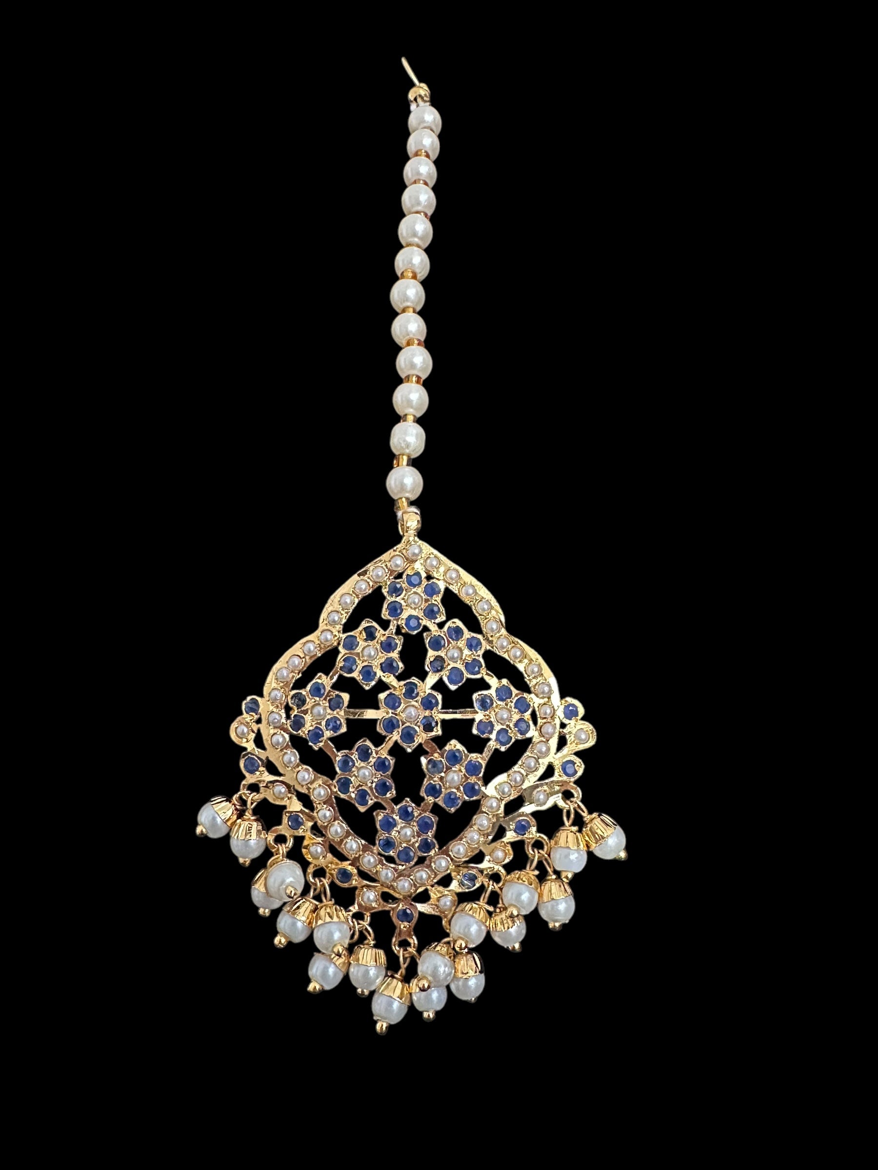 Mehru Jadau chandbali earrings tika in sapphire pearls ( READY TO SHIP )