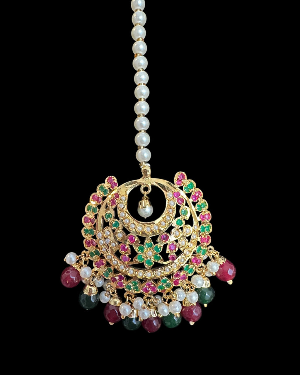 Dafiya ruby emerald Chandbali Earrings & Tika Set | Ready to Ship | Deccan Jewelry