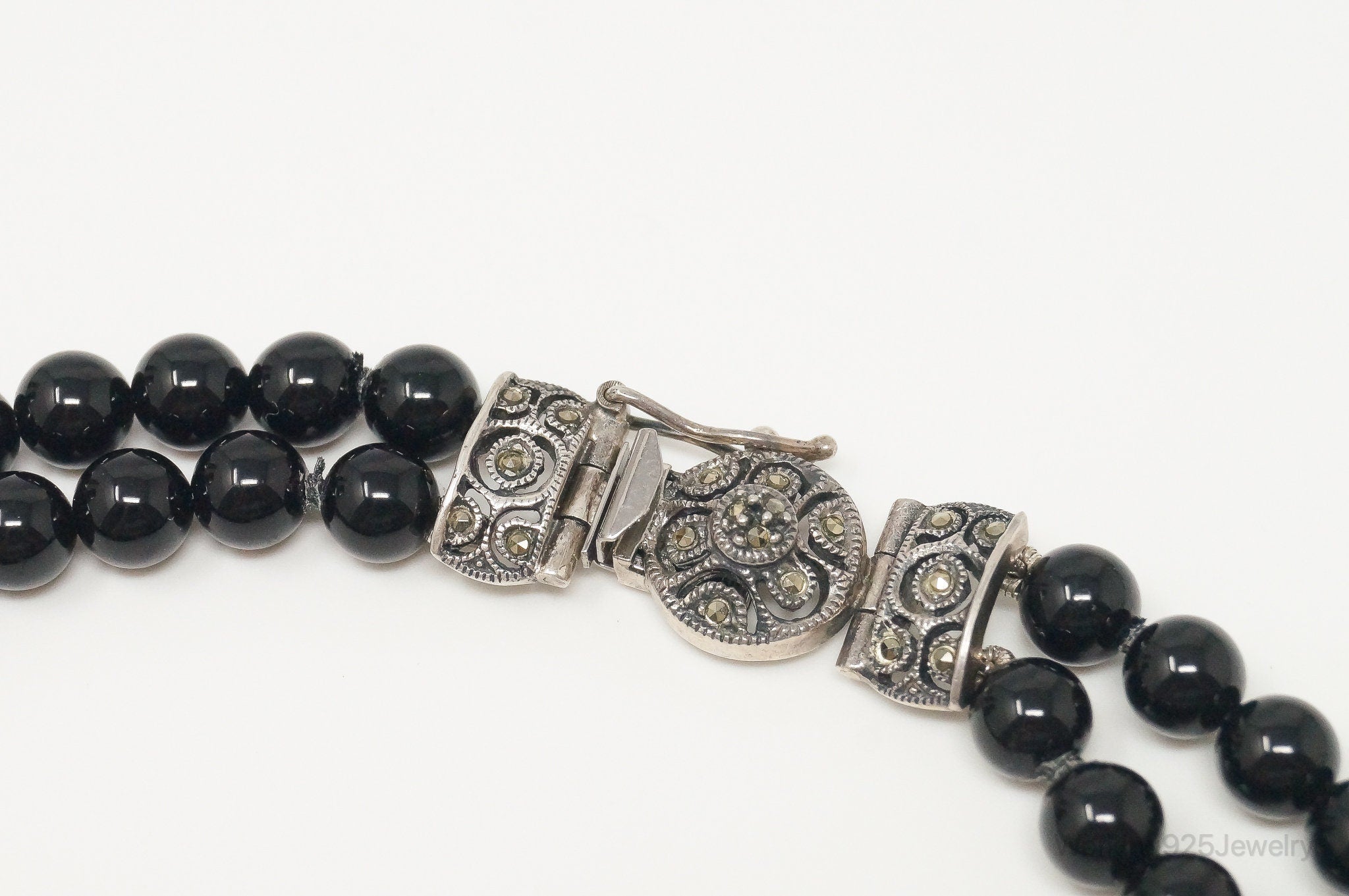 Vintage Designer Judith Jack Black Onyx Marcasite Sterling Silver Necklace