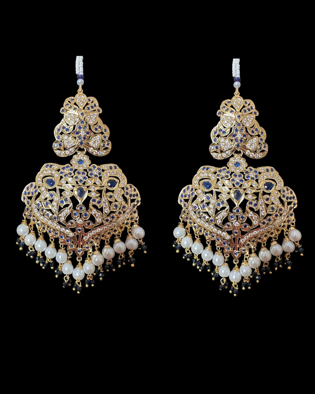 DNS204 Neeli jadau necklace with earrings tika in sapphire zircon(READY TO SHIP  )