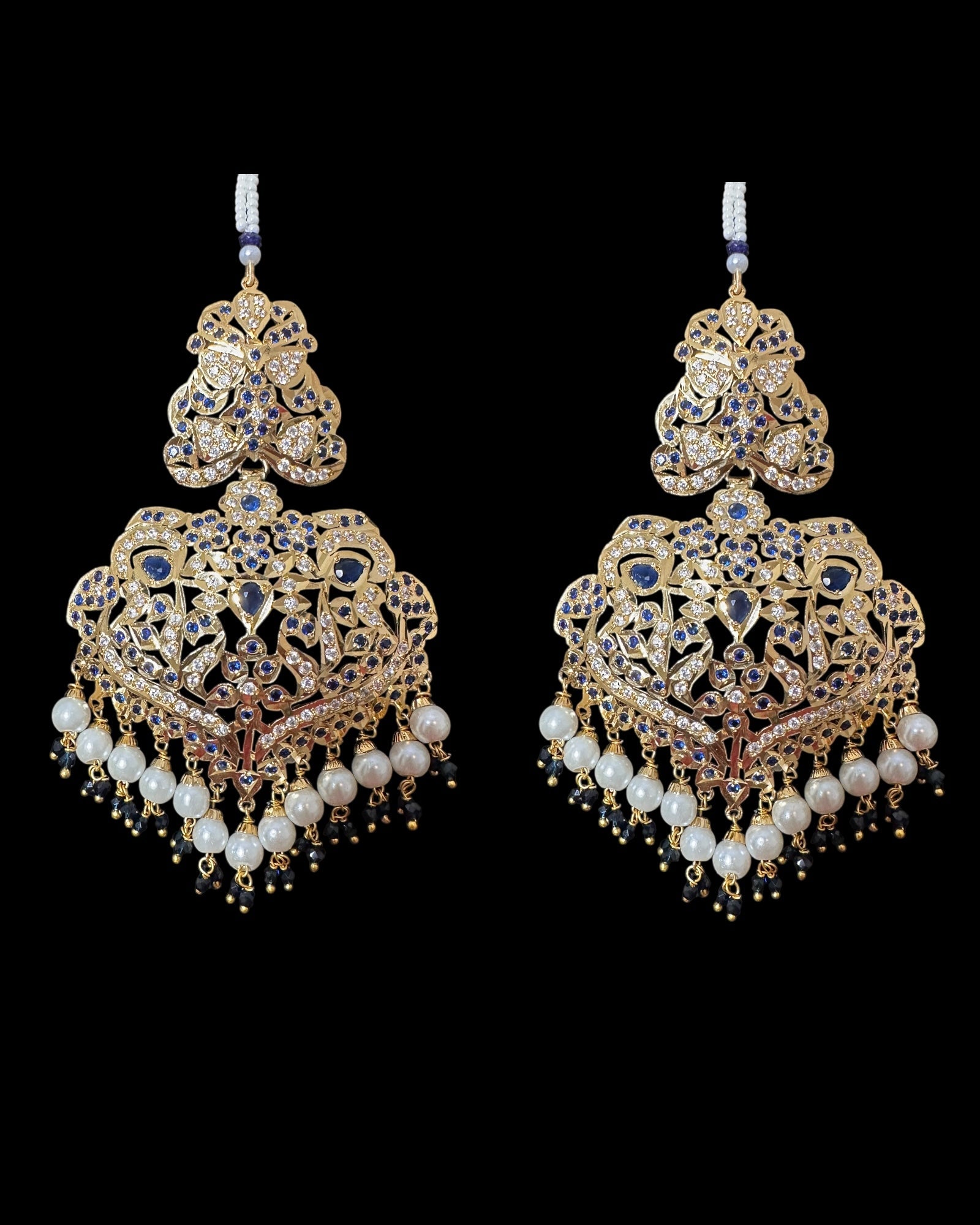 DNS204 Neeli jadau necklace with earrings tika in sapphire zircon(READY TO SHIP  )