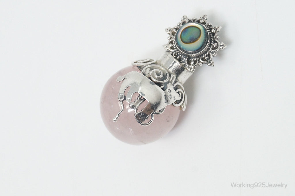 Vintage Rose Quartz Abalone Shell Bali Cat Sterling Silver Necklace Pendant