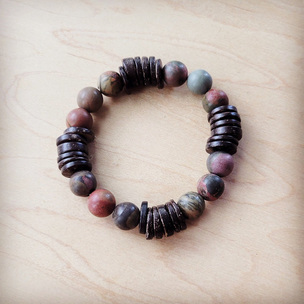 Genuine Picasso Jasper and Wood Stretch Bracelet 810p