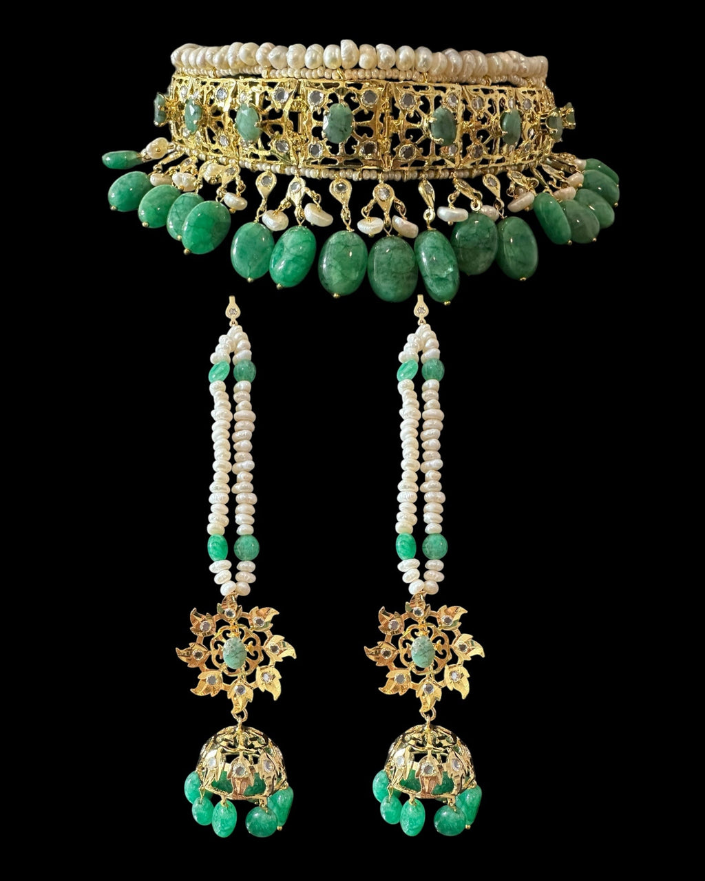 BR482 Insia Hyderabadi bridal set in emeralds with fresh water pearls ( SHIPS IN 1 WEEK )