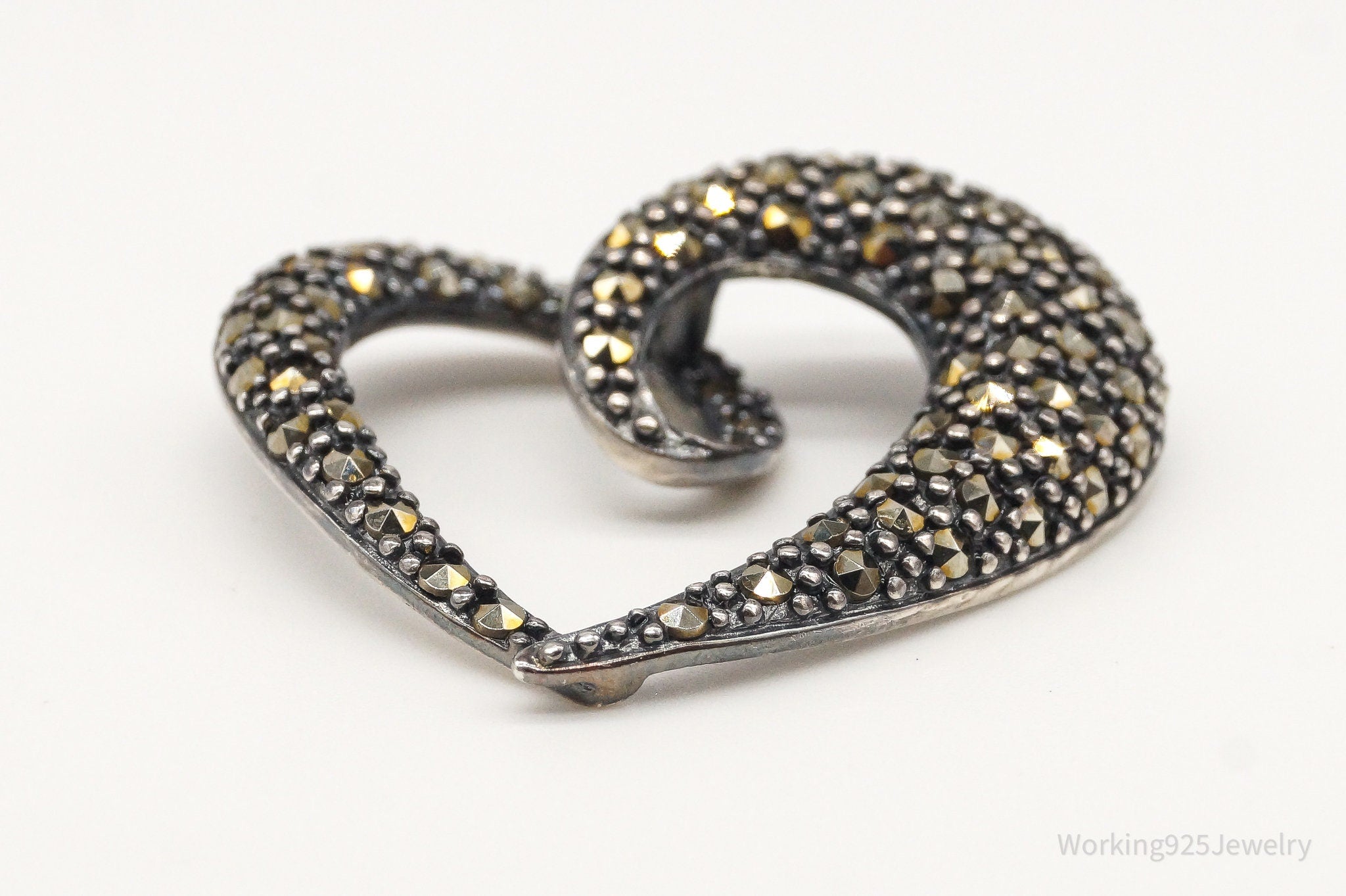 Vintage Large Marcasite Heart Sterling Silver Pendant