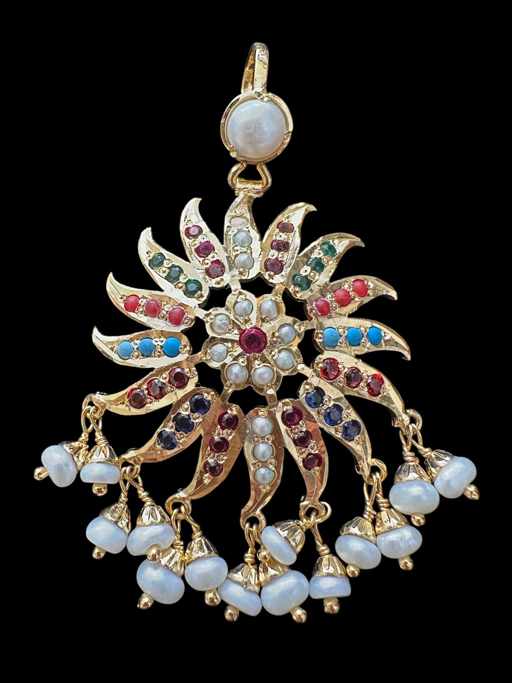 Nameera pendant set in gold plated silver earrings- NAVRATAN ( READY TO SHIP )