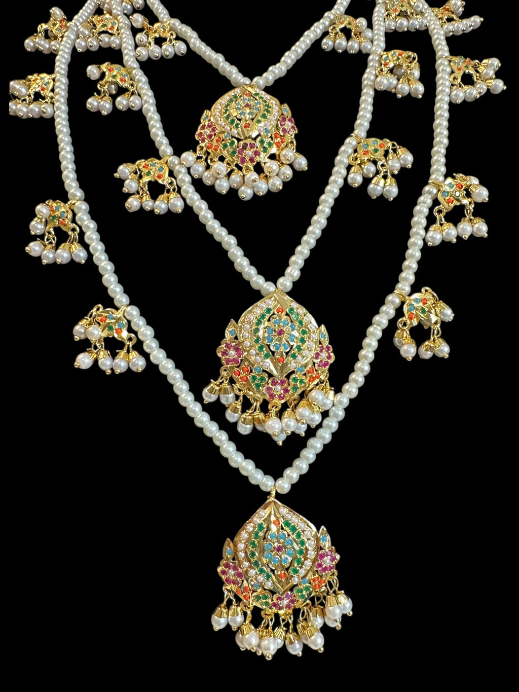 SAT112 Anya jadau 3 layered necklace / satlada in Navratan ( READY TO SHIP )