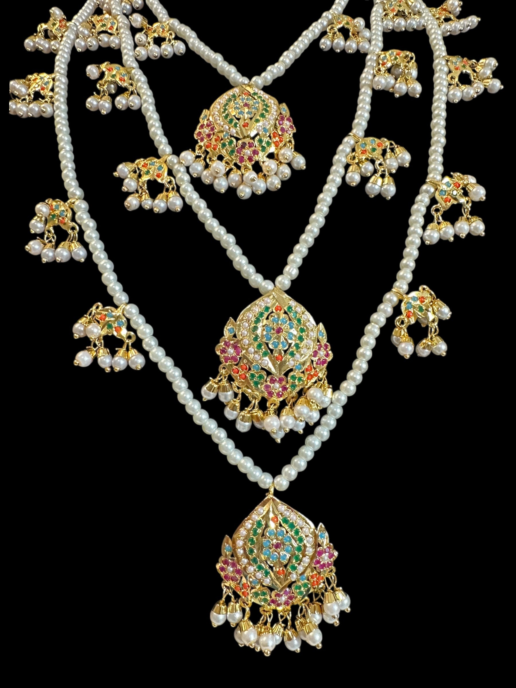 SAT112 Anya jadau 3 layered necklace / satlada in Navratan ( READY TO SHIP )