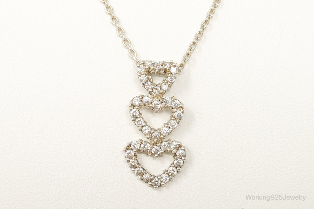 Vintage Open Hearts Cubic Zirconia Sterling Silver Necklace