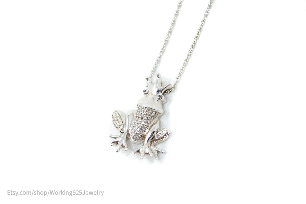 Vintage Diamond King Frog Toad Sterling Silver Necklace