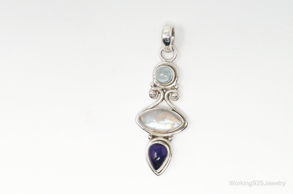 Vintage Blue Topaz Amethyst Moonstone Sterling Necklace Pendant