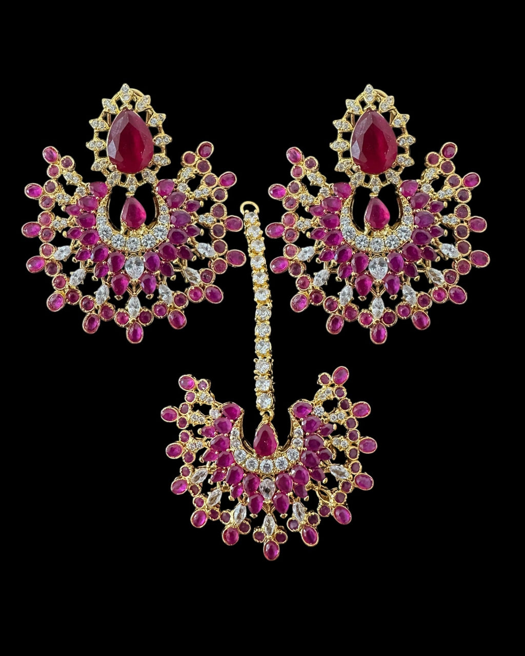 Subhana gold plated chandbali earrings tika set  -Ruby ( READY TO SHIP )