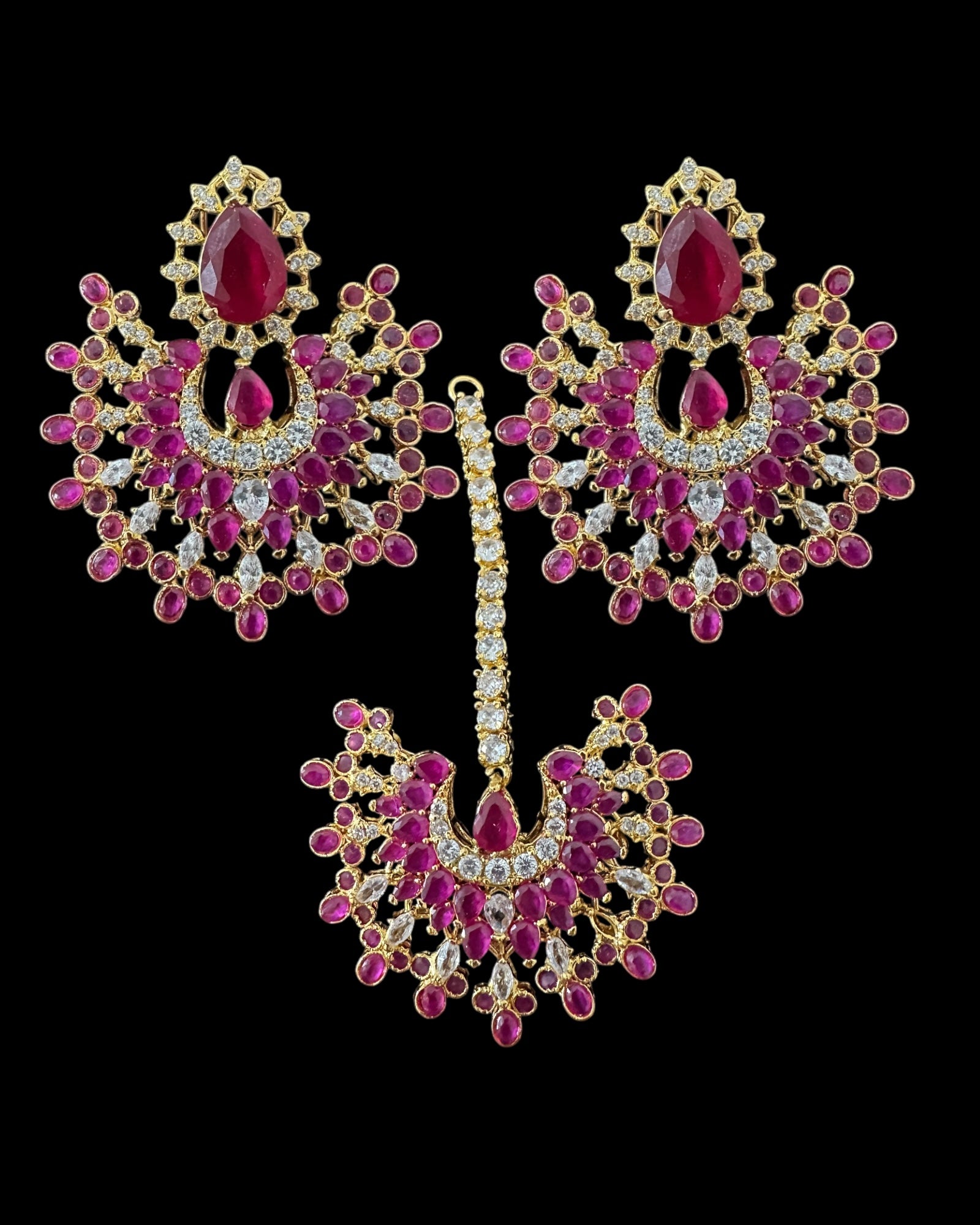 Subhana gold plated chandbali earrings tika set  -Ruby ( READY TO SHIP )