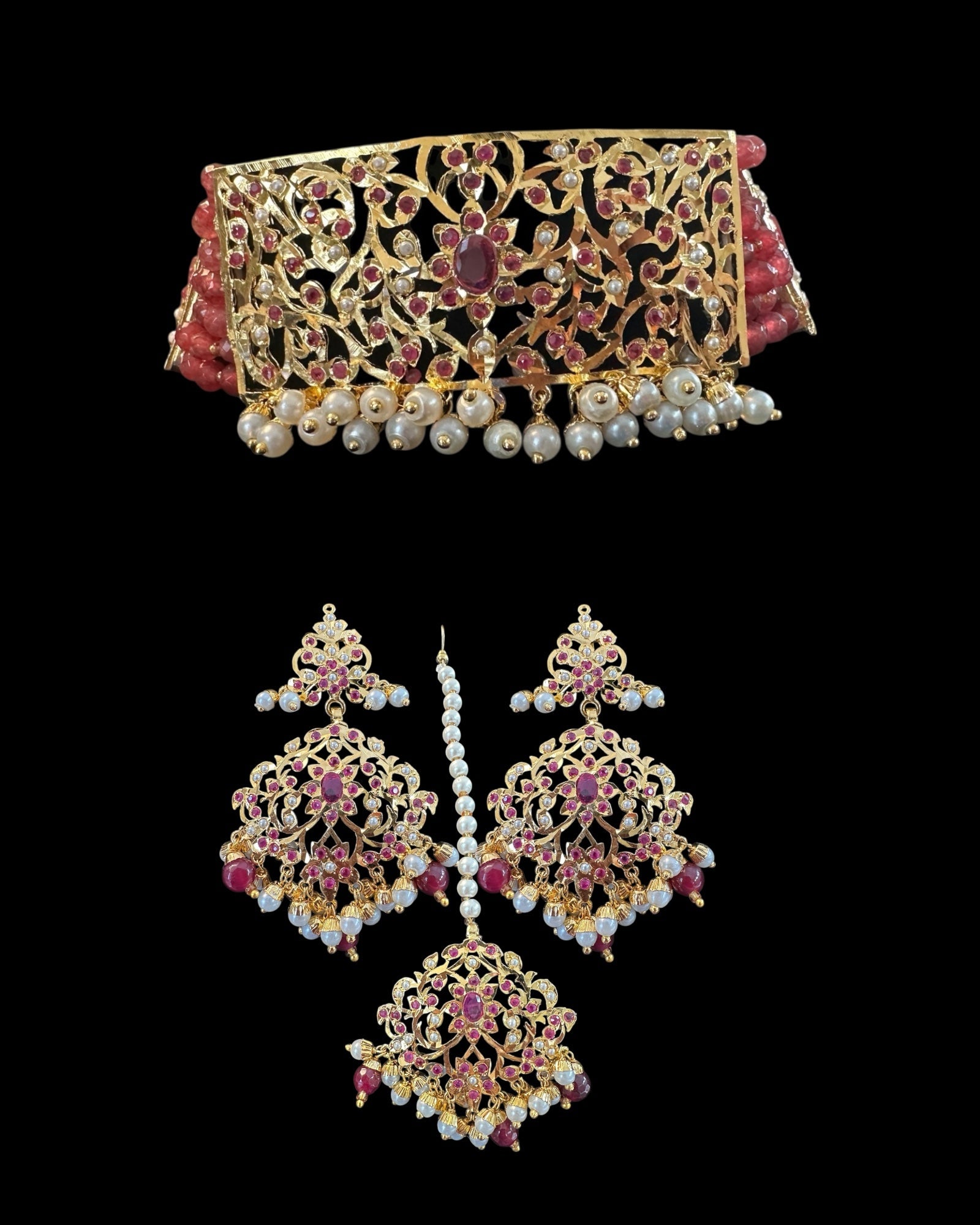 C570 Gold plated jadau choker in Ruby pearls ( READY TO SHIP )