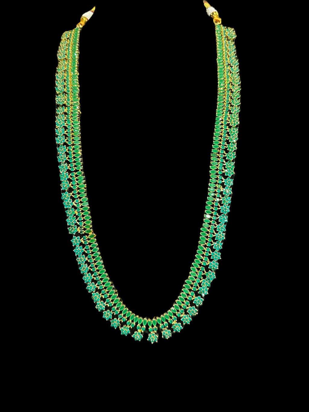 DLN41 Megha long set in cz stones - green    (READY TO SHIP)