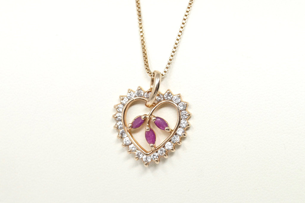 Vtg Ruby Simulated Heart Accented Rose Gold Vermeil Sterling Silver Necklace 18"