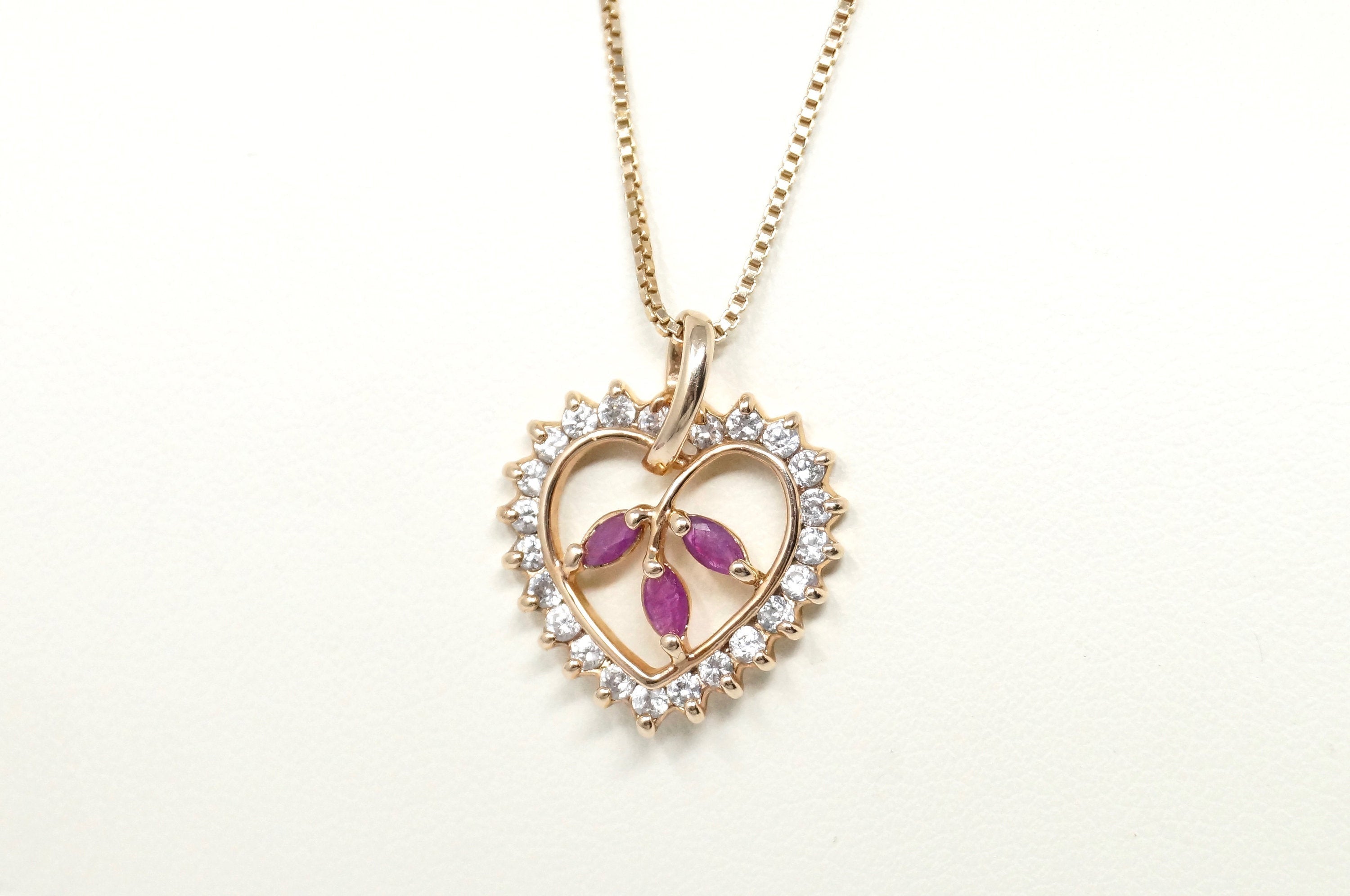 Vtg Ruby Simulated Heart Accented Rose Gold Vermeil Sterling Silver Necklace 18"