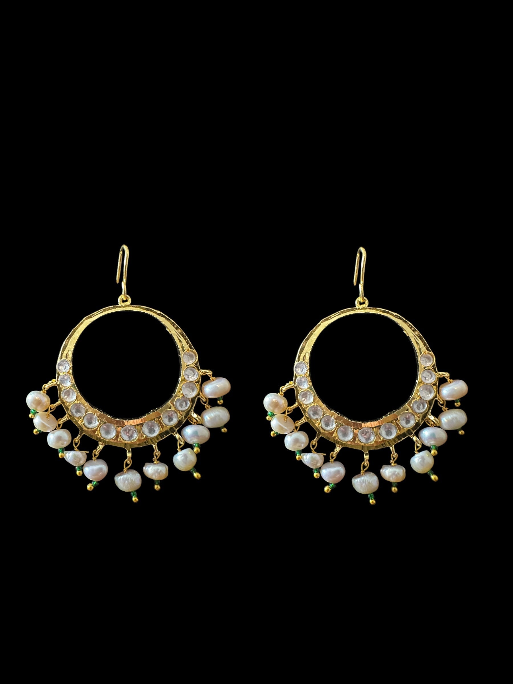 DER720 Afia gold plated moissanite Polki chandbali with fresh water pearls (SHIPS IN 3 WEEKS )