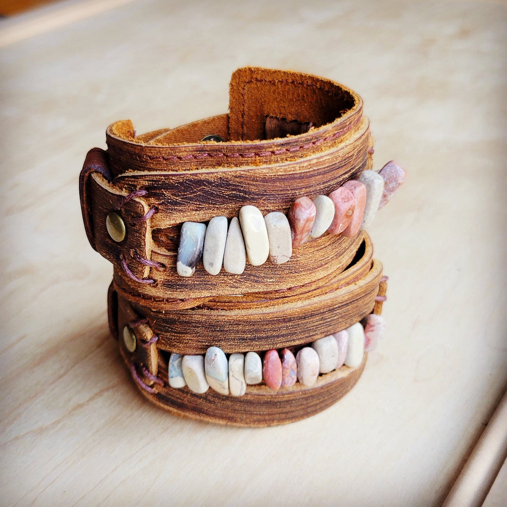Genuine Leather Cuff with Aqua Terra Gemstone Chunks 005e