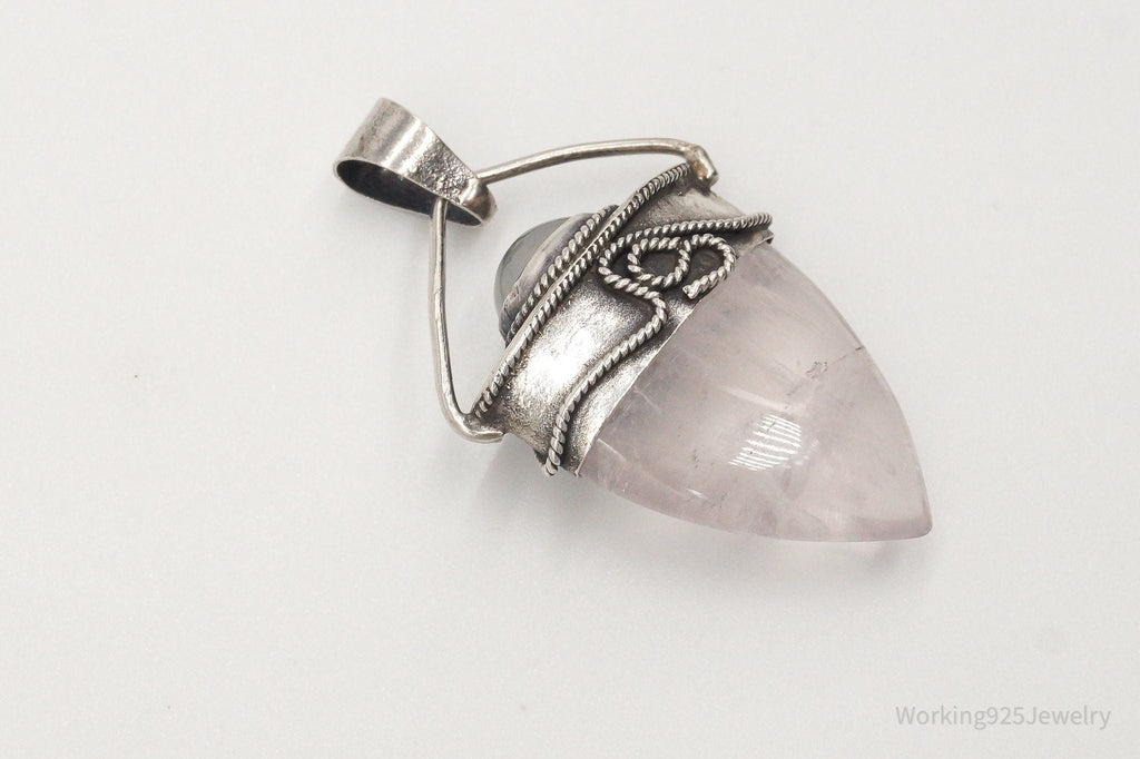 Vintage Large Rose Quartz White Moonstone Sterling Silver Pendant