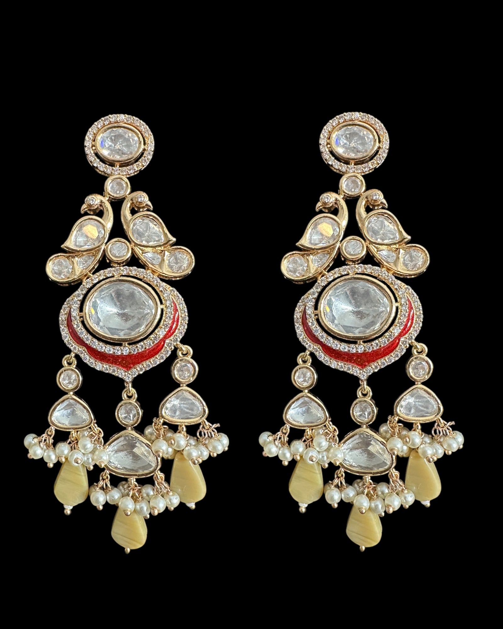 DER784 Polki dangler earrings - beige/red ( READY TO SHIP )