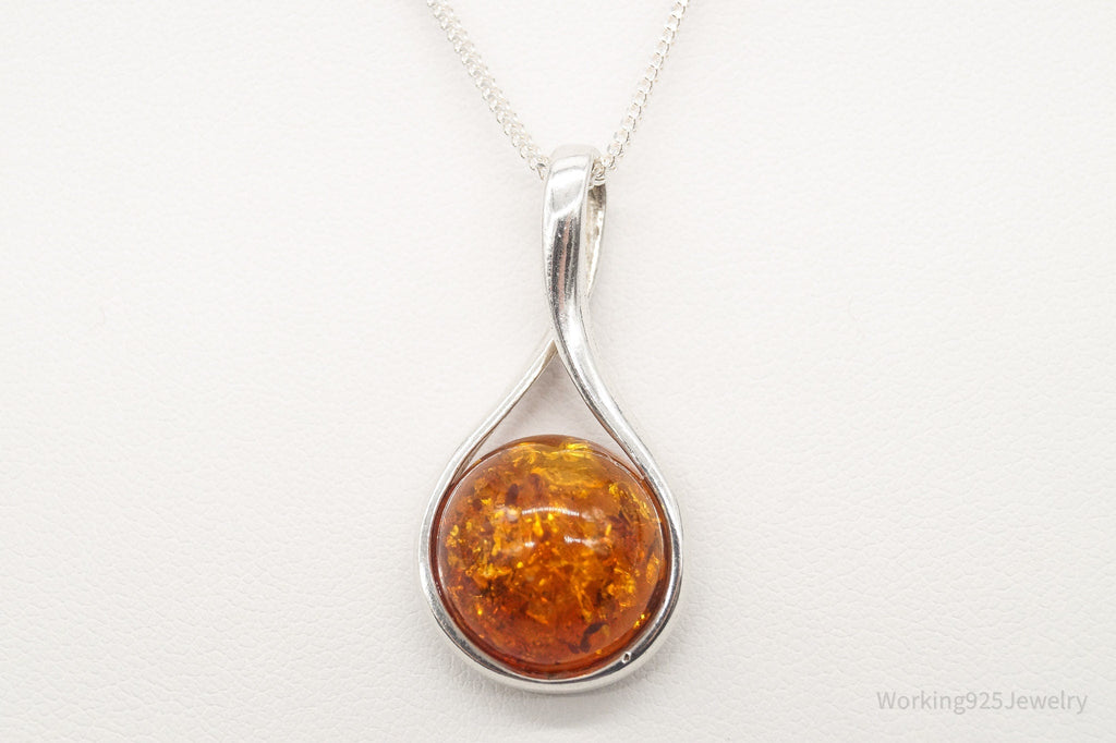 Vintage Large Amber Sterling Silver Adjustable Chain Necklace