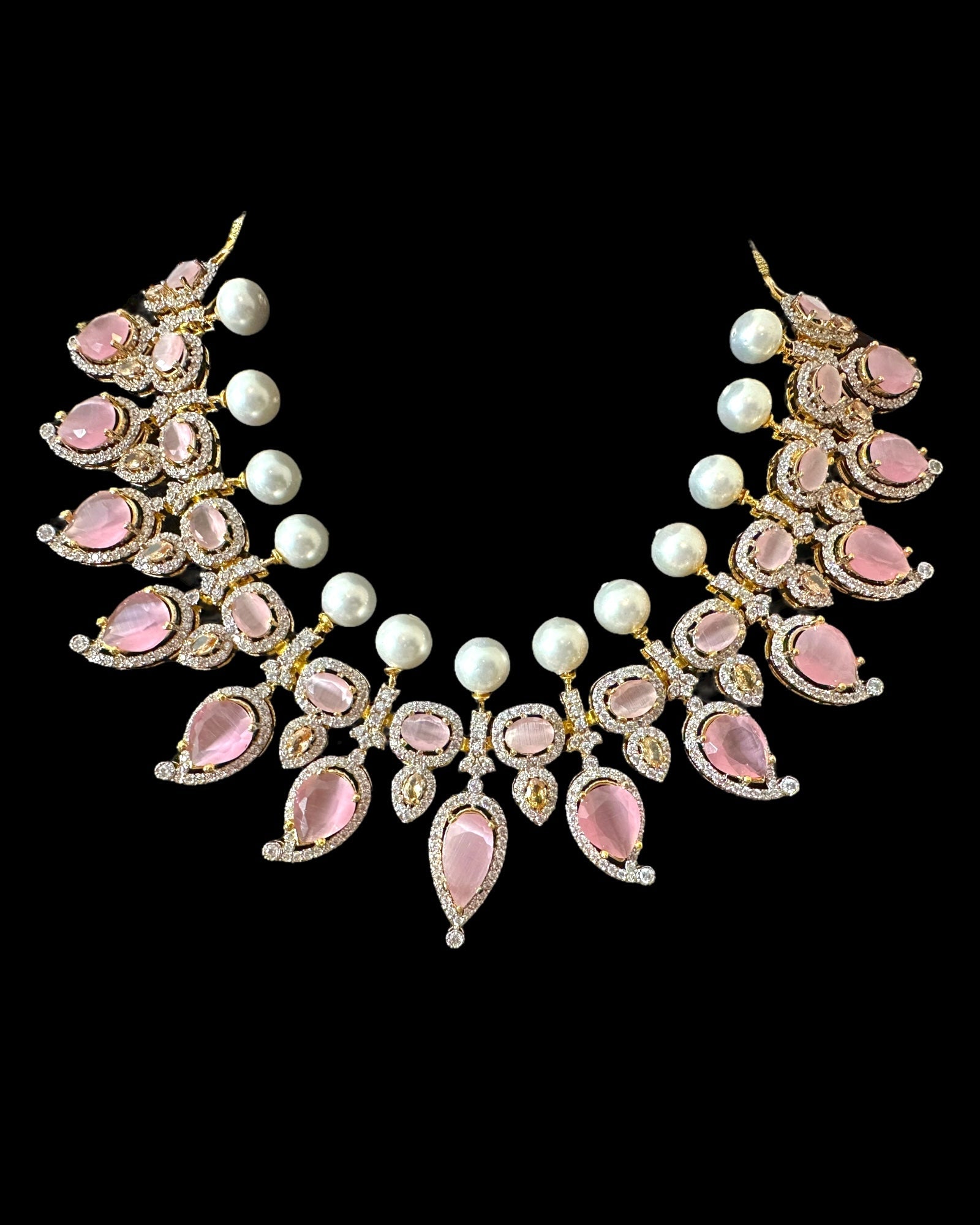 BR462  Anmol necklace set in pink( rose quartz ), Cats eye and pearls ( SHIPS IN 4 WEEKS )
