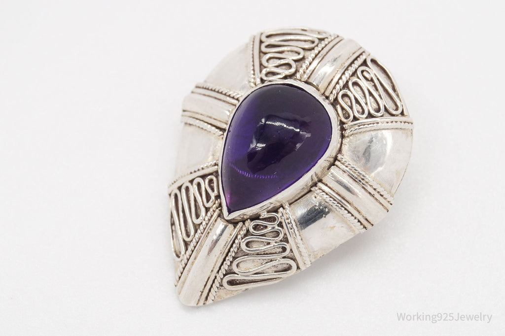 Vintage Amethyst Bali Style Sterling Silver Brooch Pin Pendant
